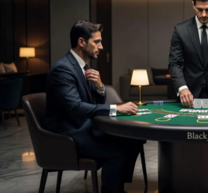 Blackjack asztal céges casino rendezvényen, krupiéval és játszó vendégekkel.