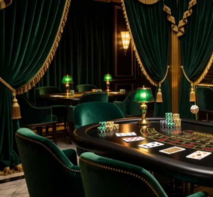 Monte Carlo ihlette kaszinó dekoráció elegáns fekete arany színvilággal.